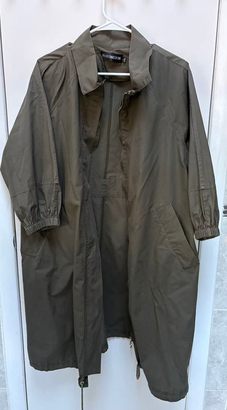 RUIJINGXIN Olive Green Trench Coat Women L Oversized Parka Long Jacket Vintage